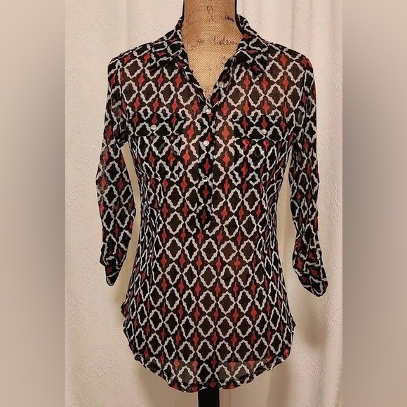 International Concepts Women's M Red & Black Sheer Roll Tab Sleeve Blouse Top - Picture 1 of 6